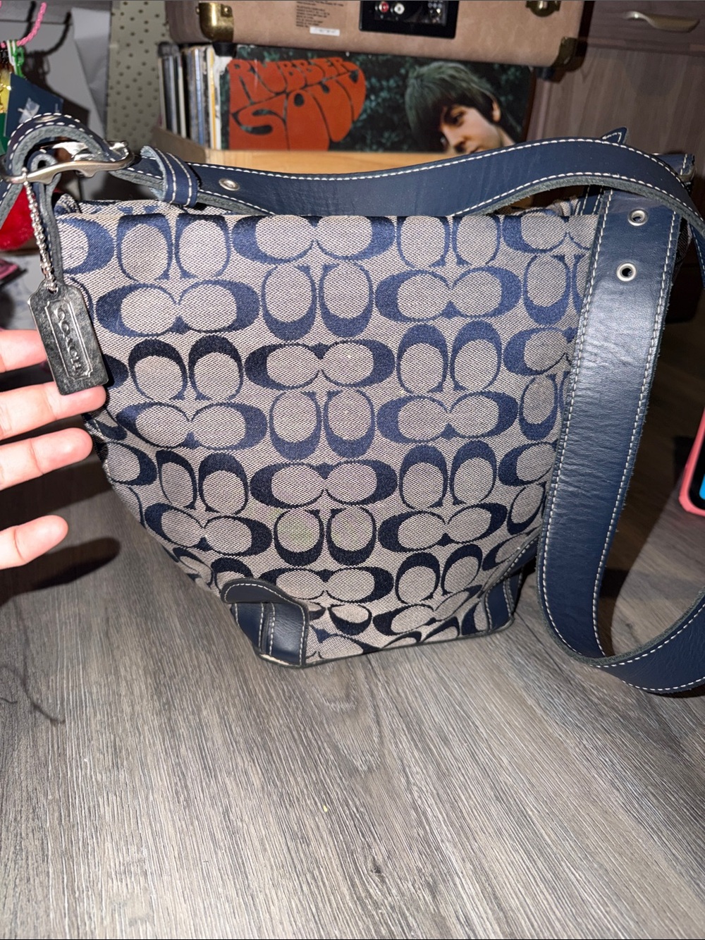 Vintage Coach Navy and Khaki Signature Canvas Hobo Shoulder Bag